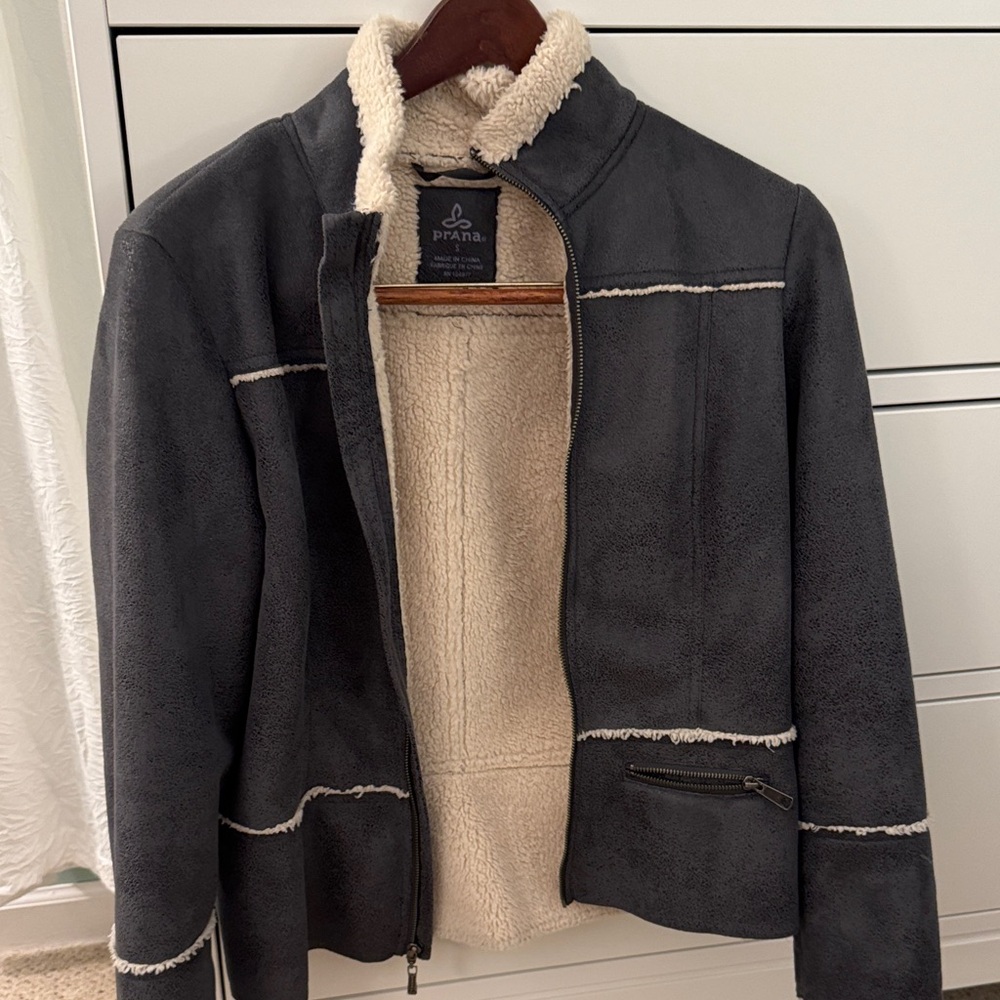 Prana womens Blue/grey and Cream Shearling Bomber Lightweight Jacket
